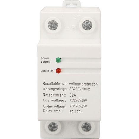 32A AC230V 50Hz Protecteur surtension et sous-tension, rail DIN, réarmement automatique, dispositif de protection haute tension, entrée supérieure sortie inférieure (1/5)