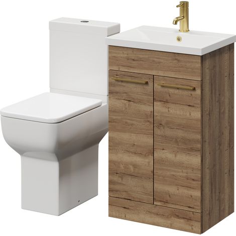 Alessio Tobacco Oak 500mm Vanity Unit and Toilet Suite including Comfort Height Toilet and Floor Standing Vanity Unit with 2 Doors and Brushed Brass Handles (1/5)
