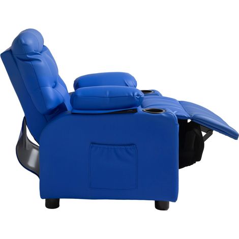 Fauteuil inclinable enfant, dossier réglable 107°-126°, avec 2 porte-gobelets et 4 poches, similicuir lavable, repose-pieds intégré, bleu. (1/5)
