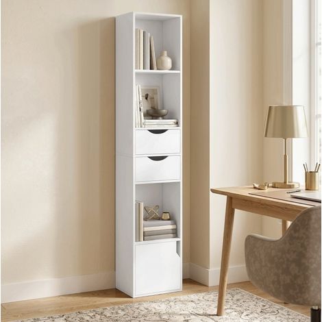 Schmales Bücherregal mit 2 Schubladen und 3 offenen Fächern, 30x24x158 cm, weiß OKMYHOME (1/5)