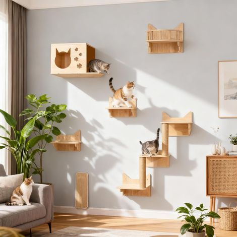 Étagères Murales pour Chat 6 en 1, Arbre à Chat Mural Bois, Jusqu’à 15 kg avec Maison, Tour, Plateformes, Escalade, Tapis de Sisal, Meuble Mural Gain de Place pour Chat, Aménagement Mural (1/5)