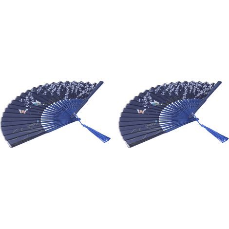 Éventail de danse pliable bleu, motif papillon et fleurs de cerisier, idéal décoration ou cadeau (1/5)