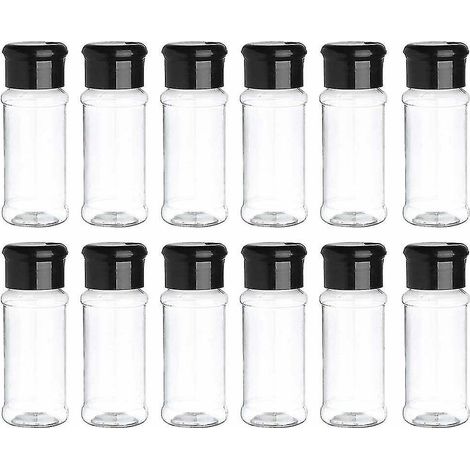 Set aus 12 Gewürzgläsern aus Kunststoff mit Deckel, Aufbewahrungsbehälter für Gewürze, Würzmittel, Pfeffer und Salz mit je 100 ml Fassungsvermögen.