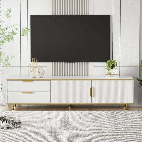 Meuble TV moderne - avec 2 portes et 2 tiroirs - pieds en métal - Blanc (1/5)