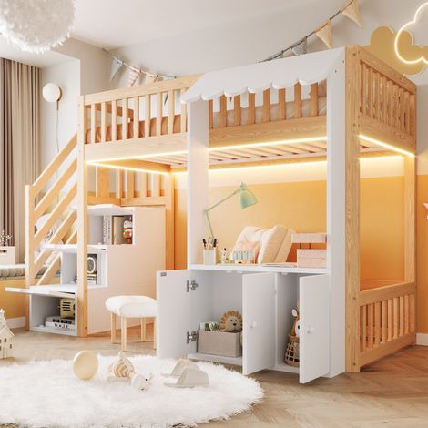 Letto a soppalco 90x200 cm in legno con scala contenitore, cassetti integrati e luci LED multicolore (1/5)