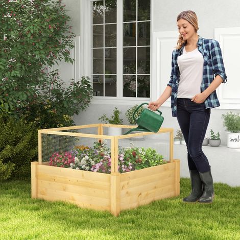 Jardinière carré potager extérieur en bois de sapin avec clôture de protection et grille de culture CW34015 (1/2)