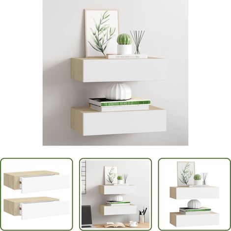 Schubladenregal - Wandregale mit Schubladen 2 Stk. Eichen-Optik Weiß 40x23,5x10cm (1/5)