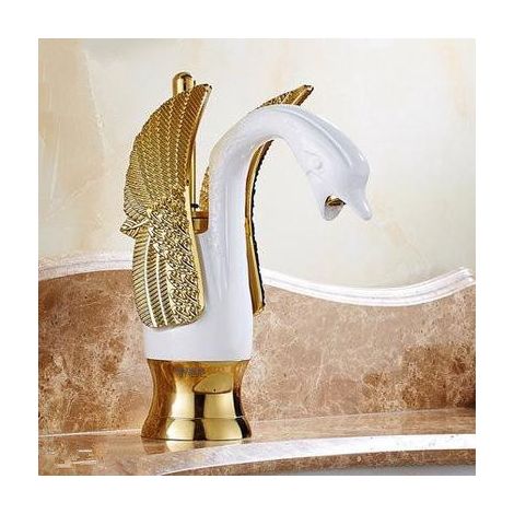 Robinet Salle de Bain Doré Laiton Massif Mitigeur Haut Robinet Lavabo Salle de Bain Robinet De Pont Monté(court,Blanc) (1/3)