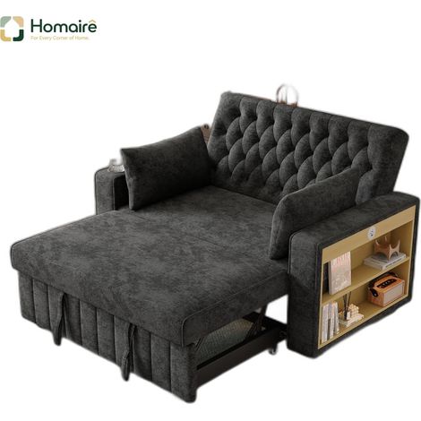 Canapé en velours gris avec rangement, port USB et accoudoirs 140 x 137 x 84 cm HOMAIRE (1/5)