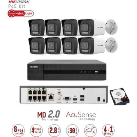 Kit Videosorveglianza Hikvision PoE 8 Canali 8 Telecamere Bullet IP 4MP Smart Hybrid Light Audio HDD 1TB