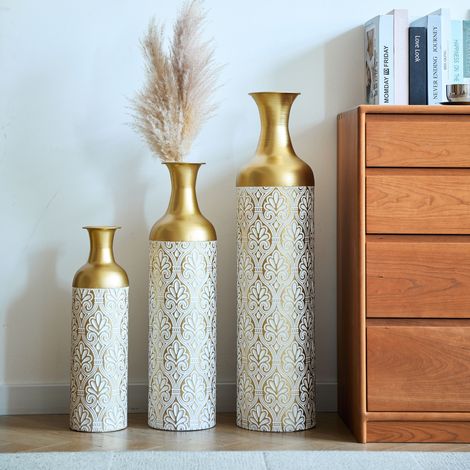 Lot de 3 cache-pots en métal doré (50/66/83 cm) - Vases décoratifs hauts avec motif floral, déco vintage pour salon, couloir et bureau, idéal plantes d'intérieur