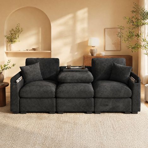 3-Sitzer Sofa mit Stauraum, USB und Klapptisch Chenille OKMYHOME