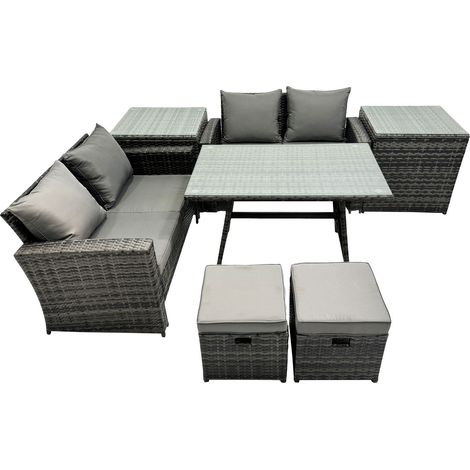 Fimous 6 Seater Wicker PE Rattan Furniture Outdoor Dining Table Double Seat Sofa 2 Small Stools 2 Side Table Set Dark Grey Mixed (1/5)