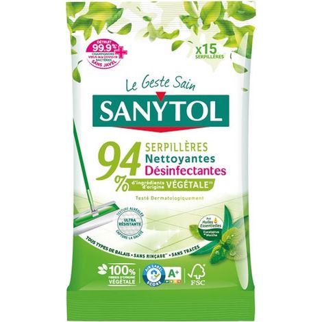 Serpillères nettoyantes désinfectantes Sanytol 94 % Végétal Eucalyptus & Menthe - Paquet de 15