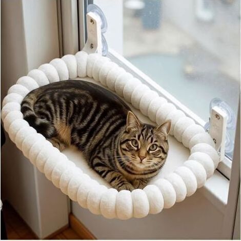 Hamac chat fenêtre avec 4 ventouses – Lit en peluche pliable et réversible – Cadre acier épais – Supporte jusqu'à 18kg – Dimensions M (52x30cm) – Blanc (1/5)