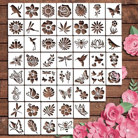 Pochoir Fleuri Réutilisable - Pour Peinture sur Bois Murs Toile Carton - 50 Pièces Modèles de Fleurs Lotus Daisy Rose Tournesol Pivoine - 10 x 10 cm (1/5)