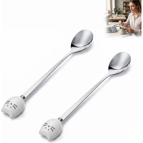 Lot de 2 cuillères à café en forme de chat - Cuillères blanches pour remuer le café, le thé et la crème glacée - Cuillères décoratives pour la cuisine, les cafés et un usage quotidien (1/5)