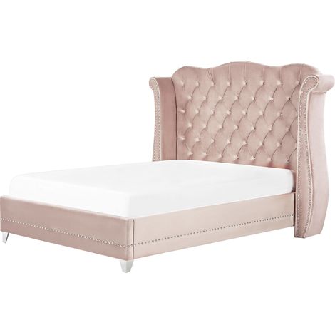 Cama con somier de terciopelo rosa pastel 160 x 200 cm listones cabecero capitoné Ayette