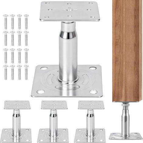 Support Poteau Bois Pied de Poteau Reglable Supports de Poteaus Réglables en Hauteur 100 à 150 mm 4Stk Galvanisé À Visser Pieds de Support pour Abris Clôture Carport Pergolas(Argent) (1/5)