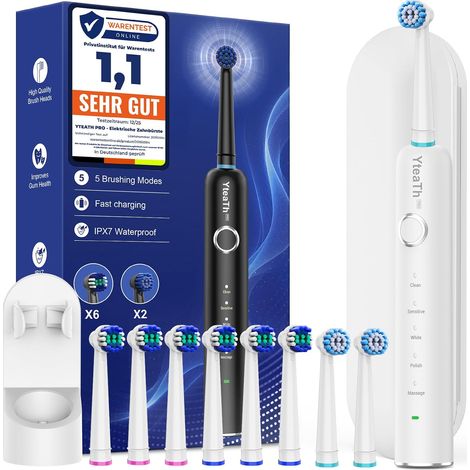 Brosse À Dent Électrique Rotatives pour Blanchiment Dentaire - Brosses À Dents Rotatives pour Adultes, 8 Têtes et Étui, 5 Modes, Étanche IPX7, Brosse A Dent Electrique de Voyage, Blanc (1/5)