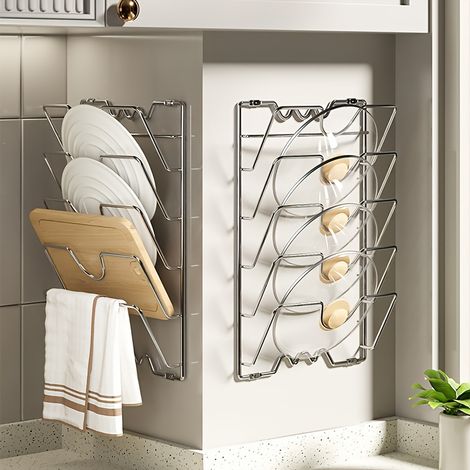 Lot de 2 supports muraux en métal pour couvercles de casseroles, étagère adhésive à suspendre pour rangement de porte d'armoire de cuisine (1/5)