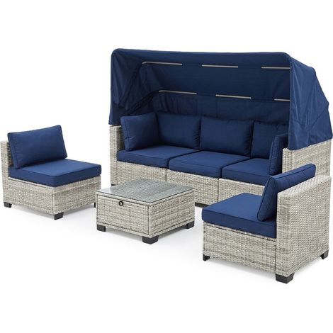 Sofa con Dosel + 2 Sillones + Mesa en Ratan PE Erommy. Muebles de Jardin y Terraza, Ratan Gris (1/5)