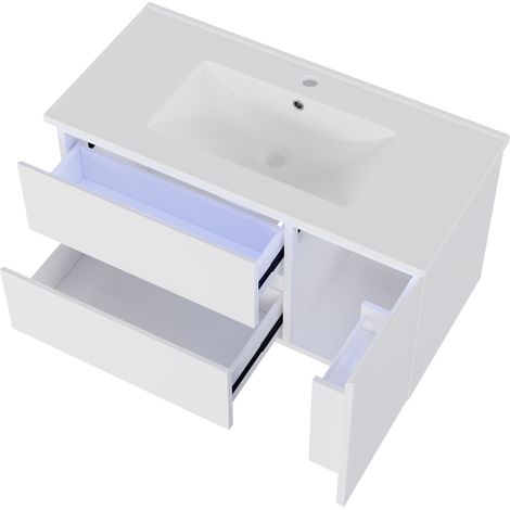 Hängendes Badmöbel 91,5 cm mit Keramikwaschtisch, 2 Schubladen und LED-Licht (1/5)