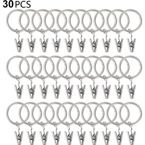 Anelli per tende con clip (30 pezzi) – Metallo argentato, diametro interno 25 mm, per aste per tende a tensione