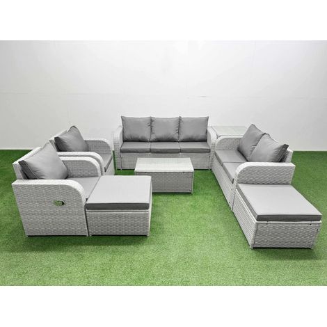 Fimous PE Rattan Garden Furniture Set Adjustable Chair Sofa Double Love Seat 2 Seater Sofa Lounge Set Oblong Coffee Table 2 Big Footstool Side Table Light Grey (1/4)
