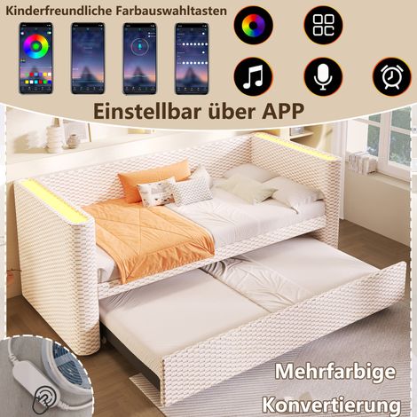 Lit de jour extensible 90/180×200cm canapé-lit beige velours,bande LED,cadre à lattes sans matelas,design multifonctionnel pour optimiser l’espace (1/5)