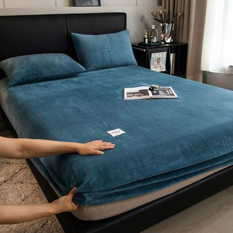 Drap-Housse 200x220cm +26cm,Bleu foncé Drap-housse élastique chaud et épais en flanelle de unie, housse de matelas d'hiver réglable (1/5)