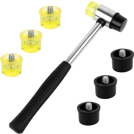 1pcs Maillet en Caoutchouc Maillet Double Face Marteau en Caouthouc avec 6pcs Face Remplaçable Poignée en Caoutchouc Antidérapant Noir et Jaune Pour le Bois l’Artisant le Cuir (1/5)