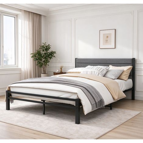 Lit 2 places Double 140 × 200cm, sommier métallique, lit double rembourré, sommier avec tête de lit, lit d'appoint (ne nécessite pas de matelas à ressorts), montage facile, gris (1/5)