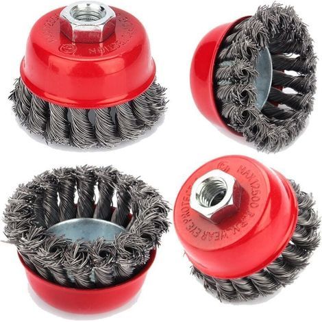 Brosse Métallique pour Meuleuse 4 Pièces M14 Torsadée 75mm et 100mm Nettoyage Décapage (1/4)