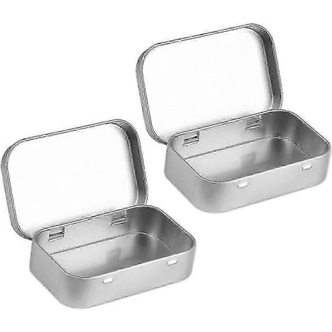 Lot de 2 petites boîtes de rangement rectangulaires en métal avec couvercle à charnière, boîte en fer-blanc antirouille pour la maison, le bureau et les voyages. (1/5)