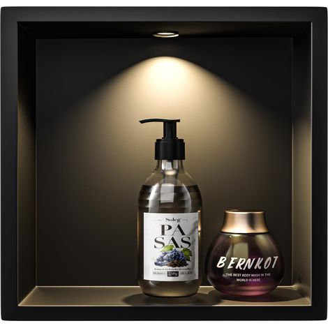 Douche murale encastrable en acier inoxydable avec spot LED - 30 x 30 cm - Étanche - Pas besoin de carrelage - Rangement de salle de bain - Niche - Noir mat (1/5)