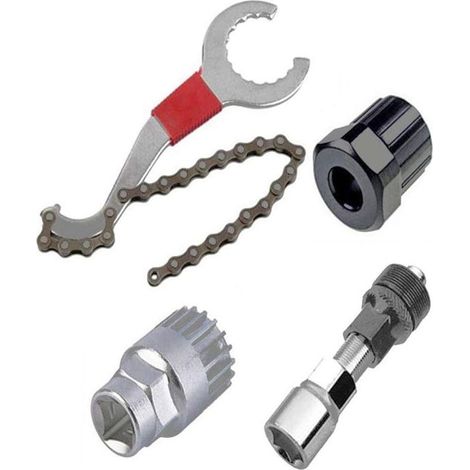 Kit d'outils de réparation de vélo, comprenant un démonte-roue libre et un démonte-chaîne/démonte-béquille/démonte-roue libre/démonte-manivelle, ainsi qu'une clé à pédales 4 en 1. (1/5)