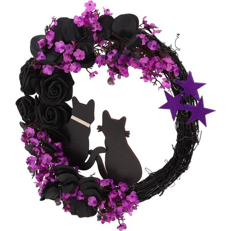Couronne de Fleurs Chat Noir Halloween Guirlande Décorative pour Porte Entrée Décoration Murale Intérieure Extérieure Couronne Rotin pour Fête (1/5)