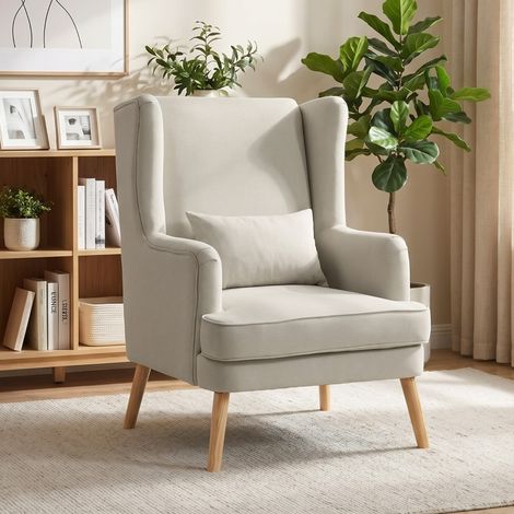 Sillón de aspecto lino con respaldo alto, asiento amplio y cojín lumbar beige DESVIAE (1/5)