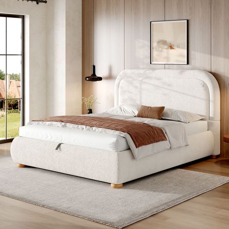Lit coffre rembourré 160x200 cm avec grand rangement hydraulique, tête de lit arrondie, sommier à lattes, pieds en hévéa massif, tissu bouclé, blanc (1/5)