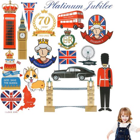 Autocollants commémoratifs du Jubilé de platine 2022, en PVC imperméable, représentant les icônes de Londres. Décoration idéale pour une fête de rue ou une célébration patriotique au Royaume-Uni. (1/5)