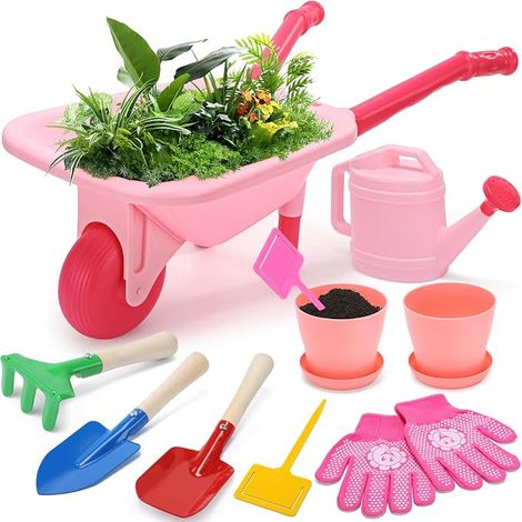 Garden Tool Set for Kids, Pink Wheelbarrow  with Watering Can, Gloves, Rake, Shovel, Trowel, Gardening Toys for Kids (Boys and Girls) from 3 Years (1/5)