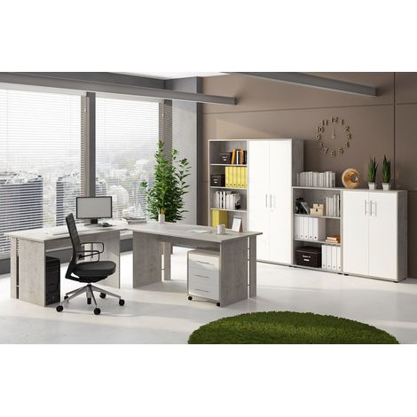 Set Ufficio Completo Con 2 Scrivanie 1 Modulo Ad Angolo 1 Cassettiera Con Ruote 2 Armadi (Alto e Basso) 2 Librerie (Alta E Bassa) Finitura Bianco Frassinato E Grigio Cemento (1/5)