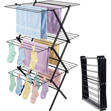 Relaxdays Folding clothes horse, 3-tier, 27 rails, H x W x D: 115 x 53.5 x 52 cm, metal, space-saving tower, black (1/5)