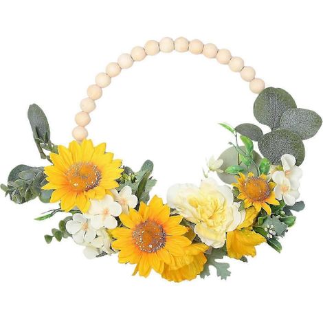 Couronne de perles en bois artificiel, guirlande de fleurs et d'hortensias pour décoration de porte et jardin.-Sunflower (1/5)