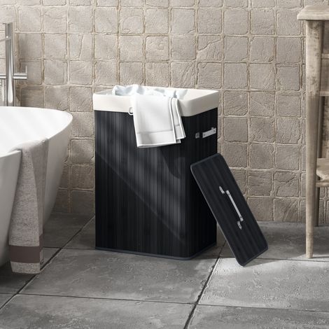 Cesto para ropa sucia 40x30x60 cm de bambú y tela, negro, con tapa - MEUBLIV (1/5)