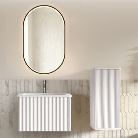 Mueble de baño con lavabo, armario lateral y espejo LED, blanco, aluminio, vidrio, MDF y contrachapado (1/5)