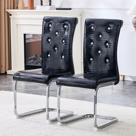 Pack de 2 sillas de comedor, 57 x 41 x 101,5 cm, sillas para comedor y salón en piel sintética efecto cocodrilo con botones de cristal y patas metálicas, negro (1/5)