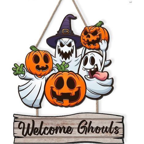 Décorations d'Halloween pour accueillir vos invités : panneau mural fantôme, plaque en bois extérieure pour porche, panneaux effrayants, décorations murales citrouilles sinistres. (1/5)