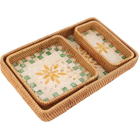 Plateau à fruits rectangulaire en rotin (lot de 3), plateau de rangement multifonctionnel pour la maison et le restaurant, motif treillis vert et feuilles jaunes. (1/5)